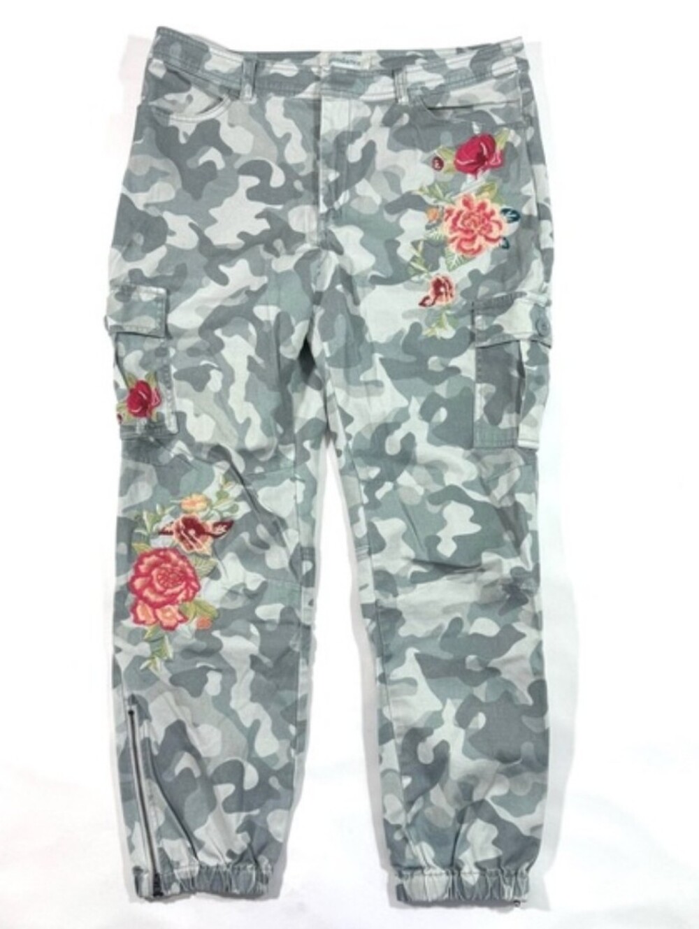 Sundance Camo Embroidered Floral Jogger Size 10 Cargo Tapered Zip Elastic Cuffs